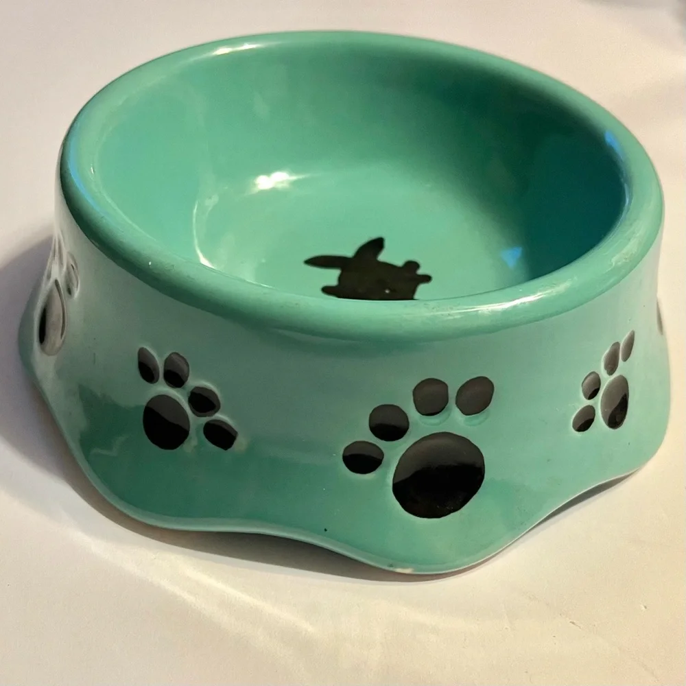Pottery cat bowl robin egg blue fish paw prints scallop bottom unique whimsical